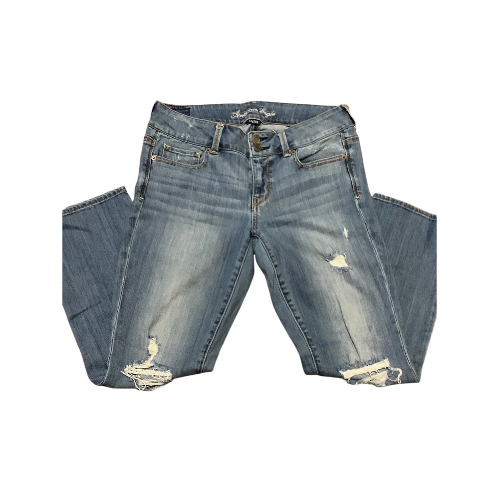 American Eagle Stretch Distressed Ripped‎ CroppedJeans Medium Wash Denim size 10